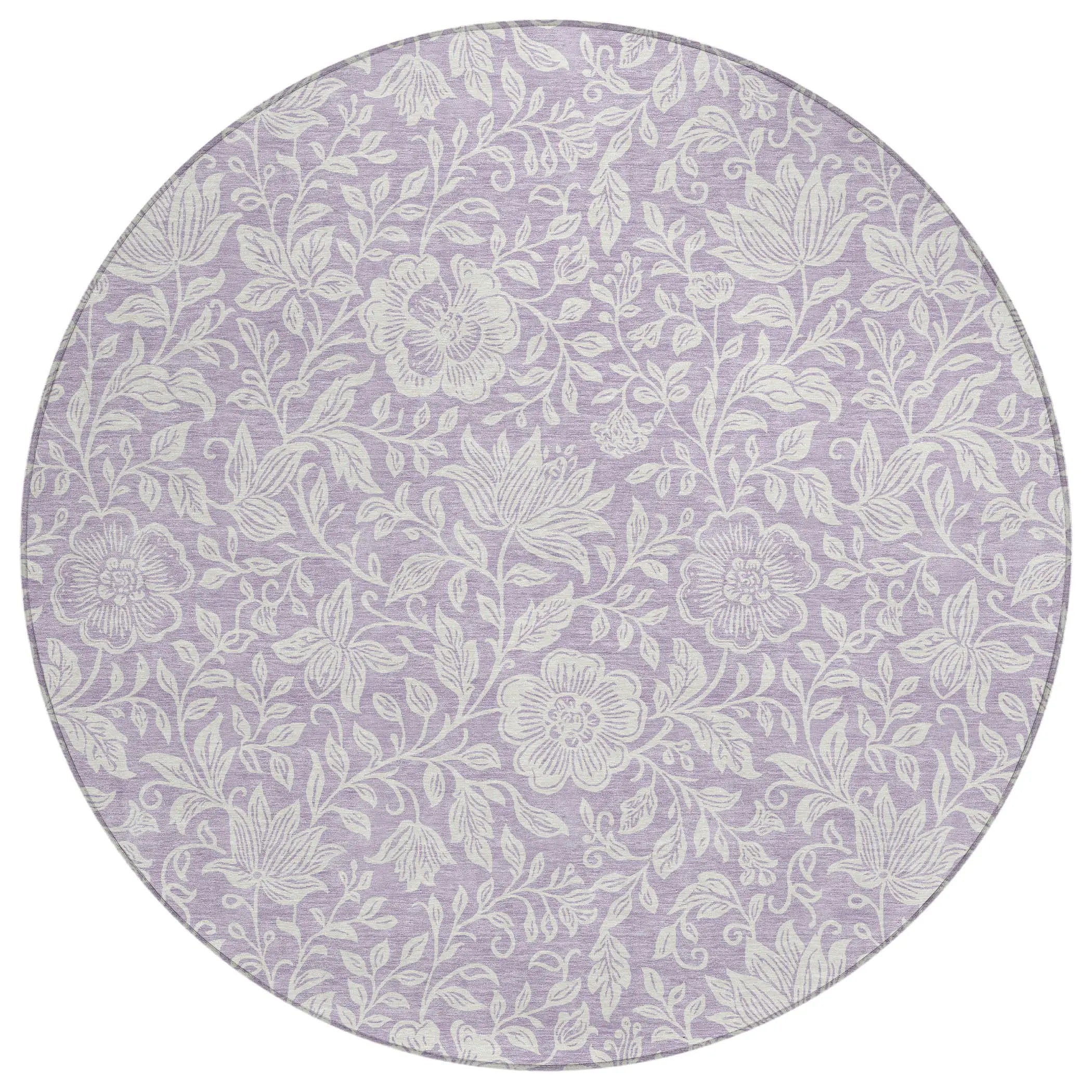 8' Lavender And Ivory Round Floral Washable Indoor Outdoor Area Rug Homeroots Outdoor