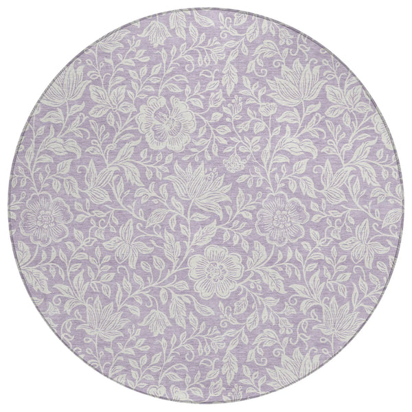 8' Lavender And Ivory Round Floral Washable Indoor Outdoor Area Rug Homeroots Outdoor