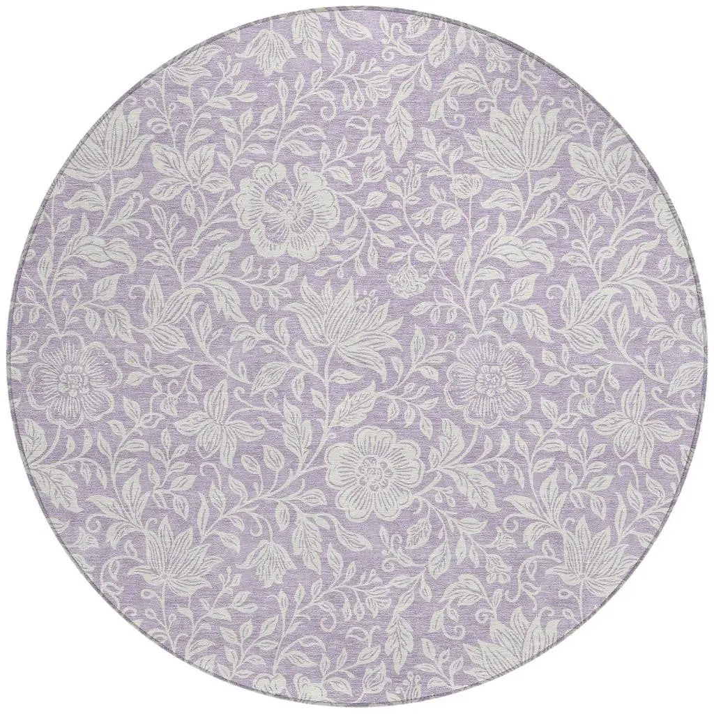 8' Lavender And Ivory Round Floral Washable Indoor Outdoor Area Rug Homeroots Outdoor