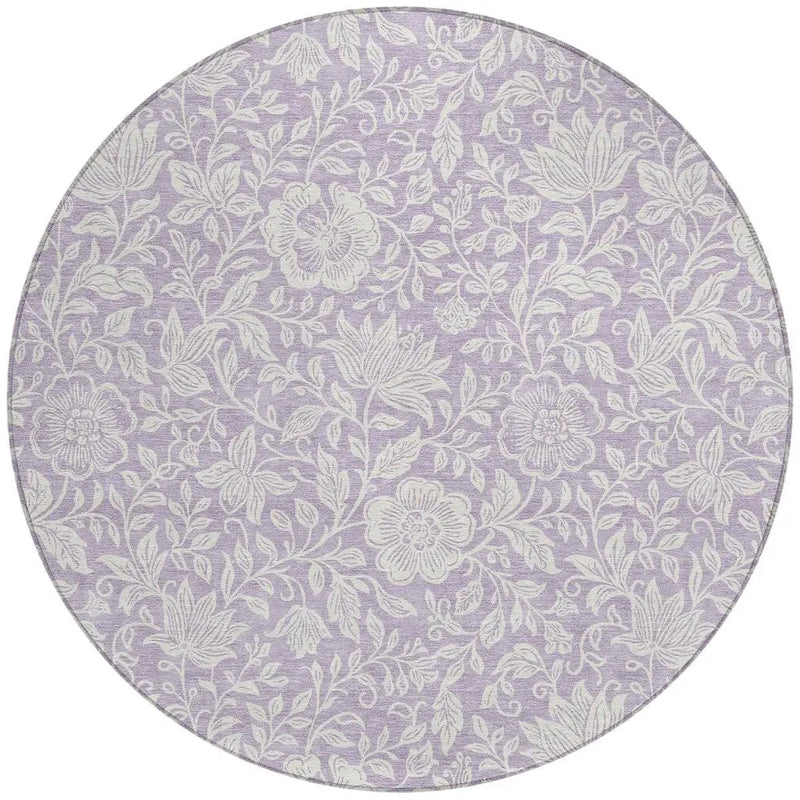 8' Lavender And Ivory Round Floral Washable Indoor Outdoor Area Rug Homeroots Outdoor