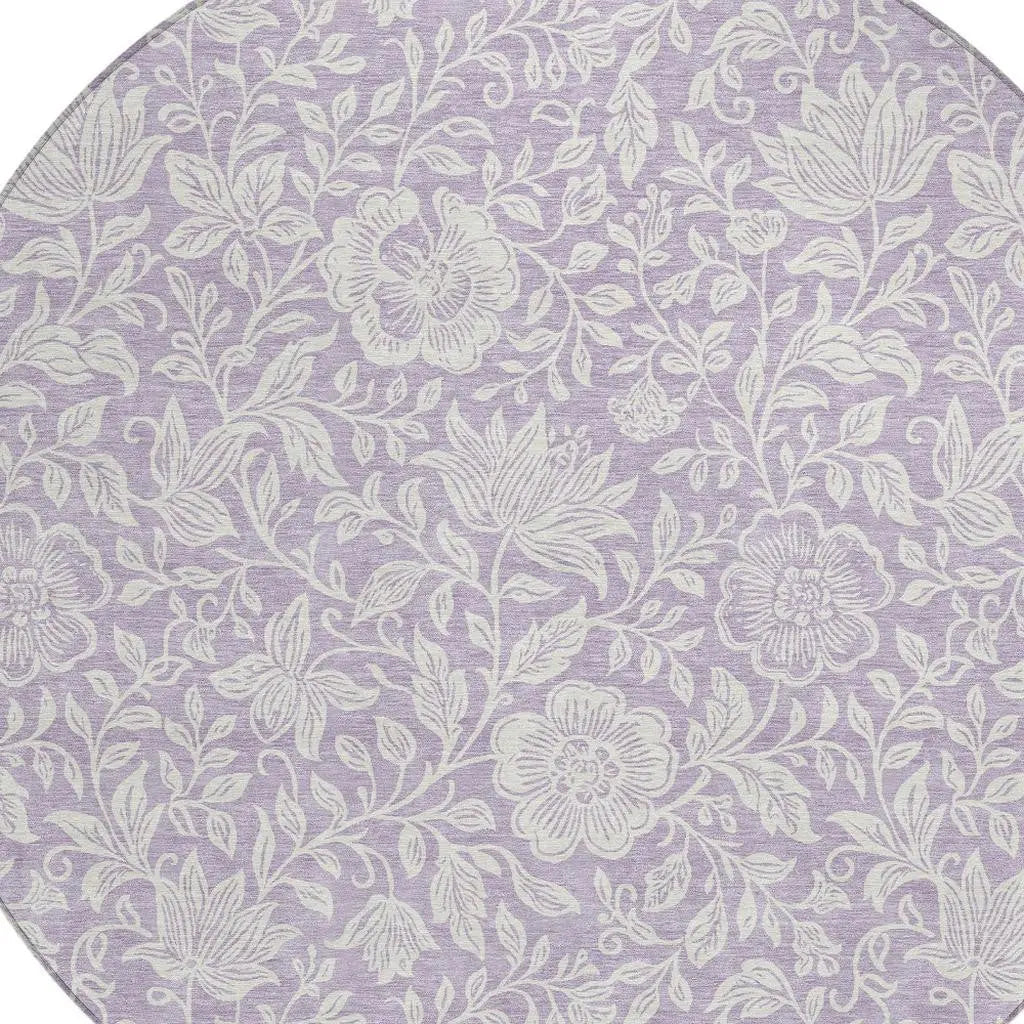 8' Lavender And Ivory Round Floral Washable Indoor Outdoor Area Rug Homeroots Outdoor