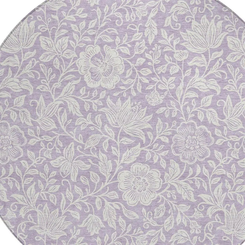 8' Lavender And Ivory Round Floral Washable Indoor Outdoor Area Rug Homeroots Outdoor