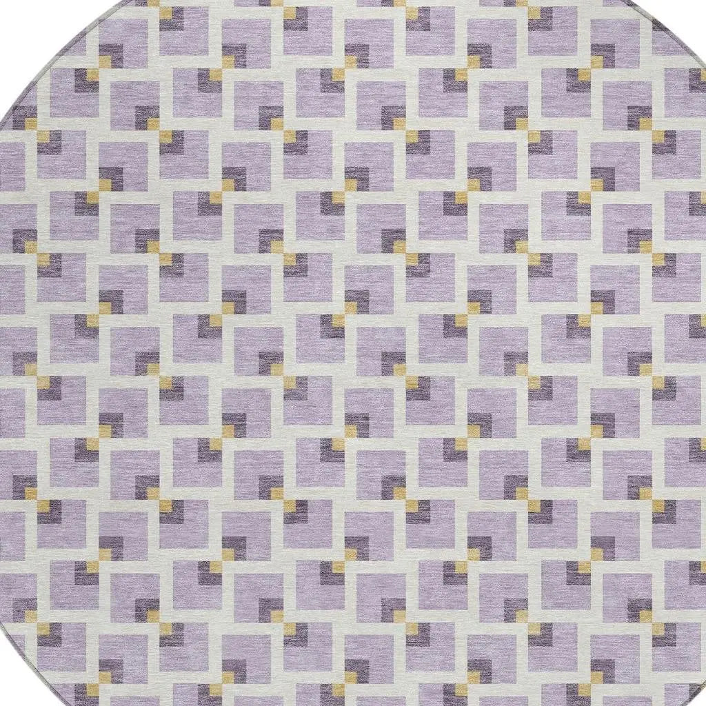 8' Lavender And Ivory Round Geometric Washable Indoor Outdoor Area Rug Homeroots Outdoor