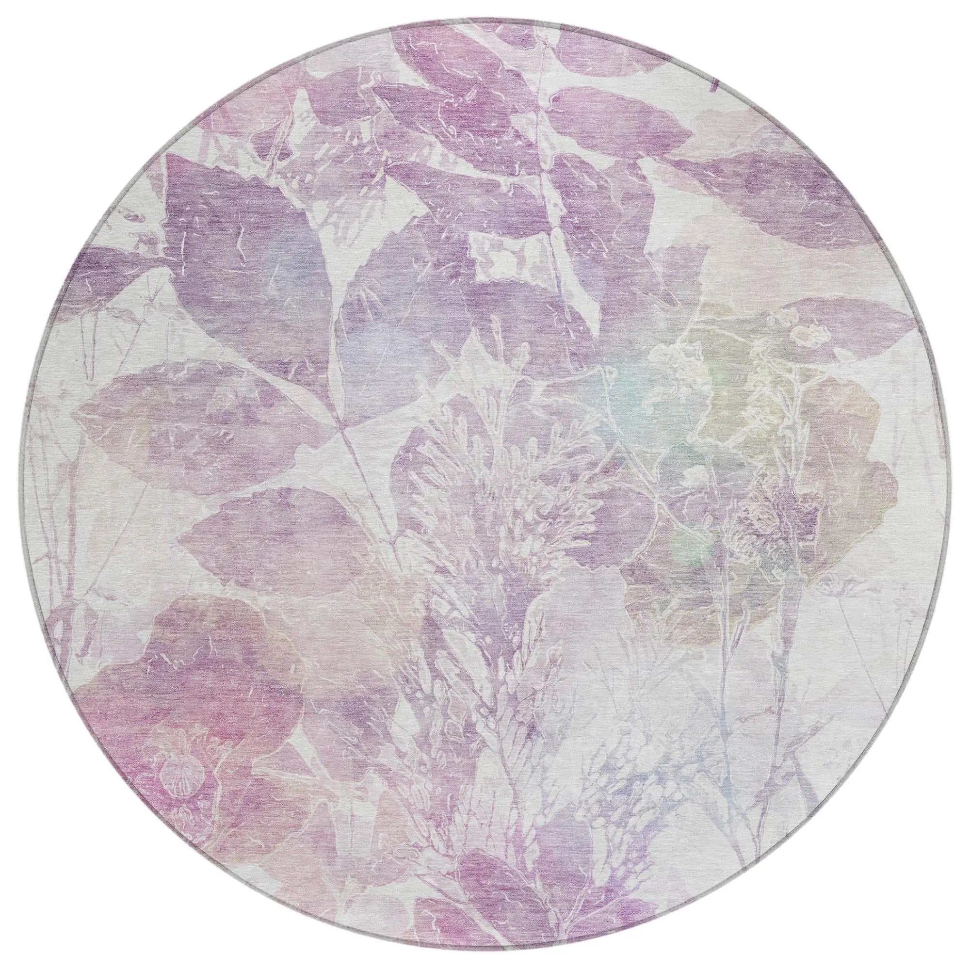 8' Lavender And Purple Round Botanical Leaves Washable Indoor Outdoor Area Rug Homeroots Outdoor
