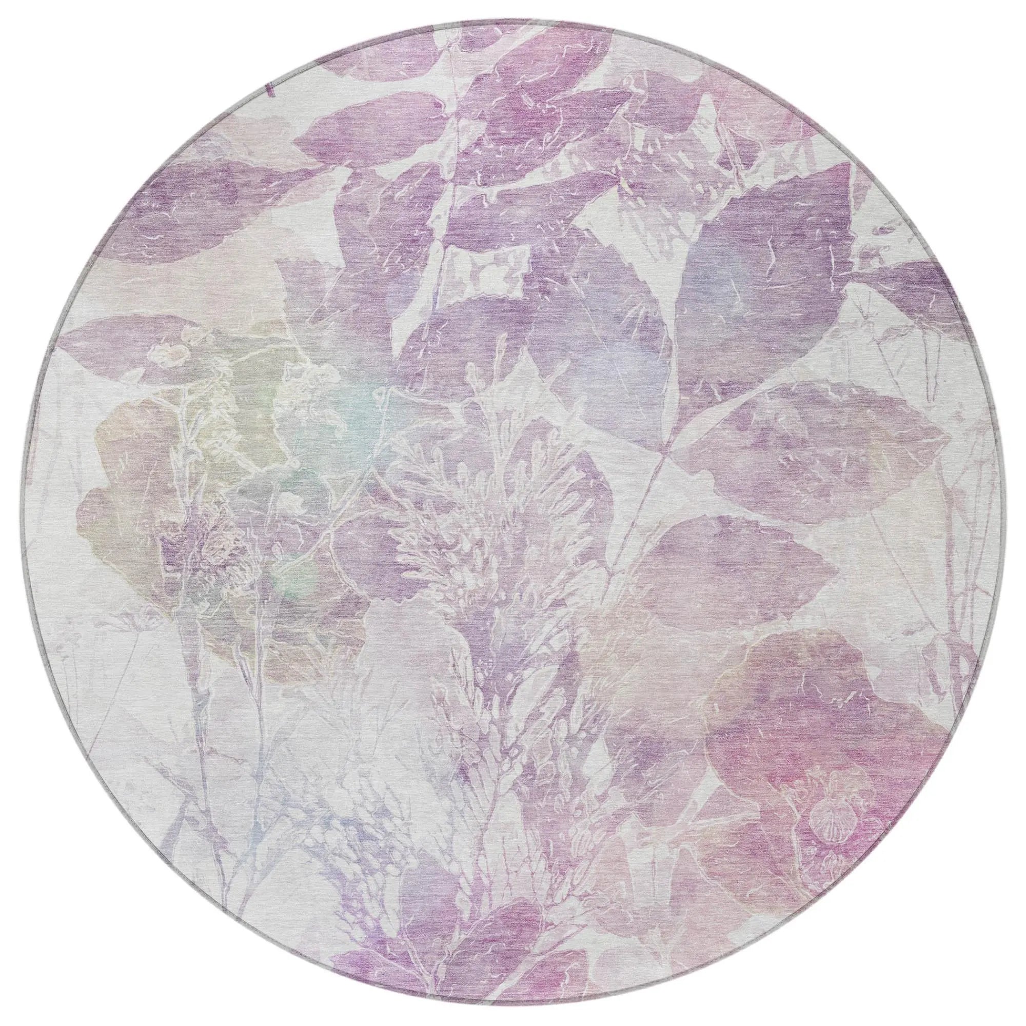 8' Lavender And Purple Round Botanical Leaves Washable Indoor Outdoor Area Rug Homeroots Outdoor