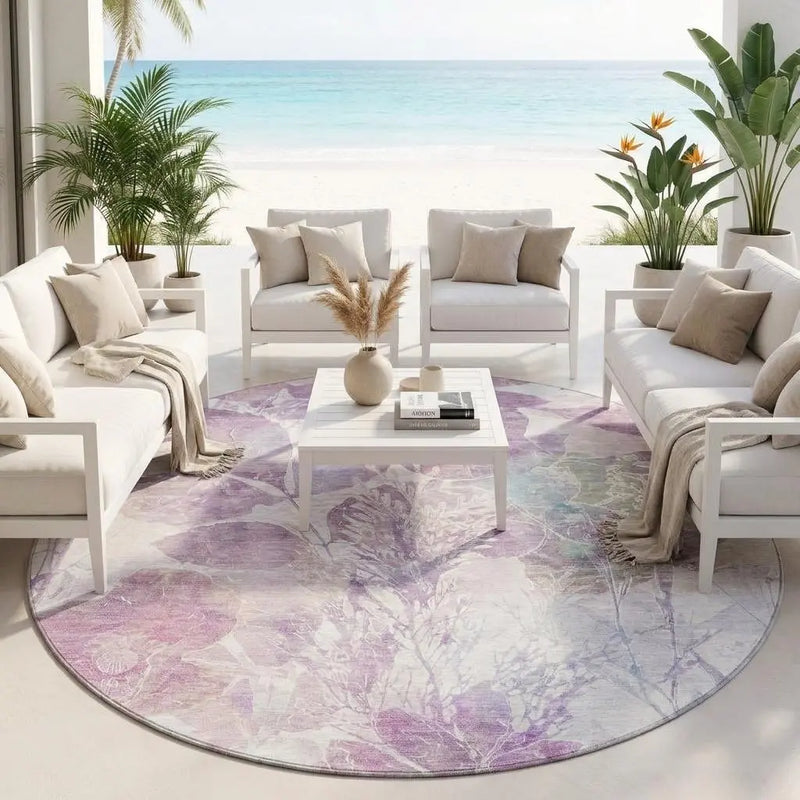 8' Lavender And Purple Round Botanical Leaves Washable Indoor Outdoor Area Rug Homeroots Outdoor