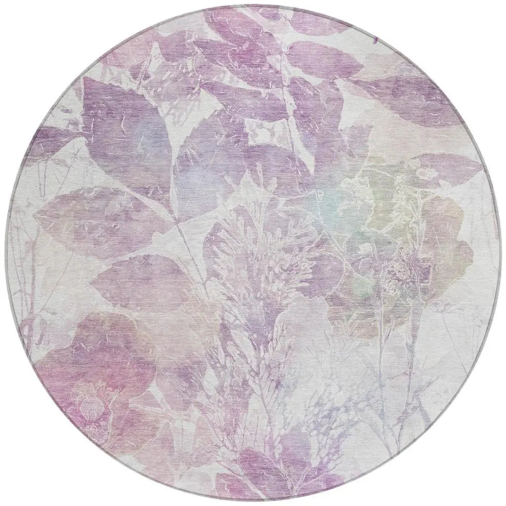 8' Lavender And Purple Round Botanical Leaves Washable Indoor Outdoor Area Rug Homeroots Outdoor