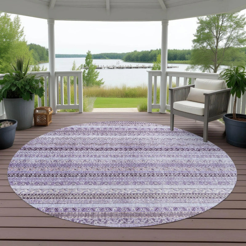8' Lavender And Purple Round Striped Washable Indoor Outdoor Area Rug Homeroots Outdoor