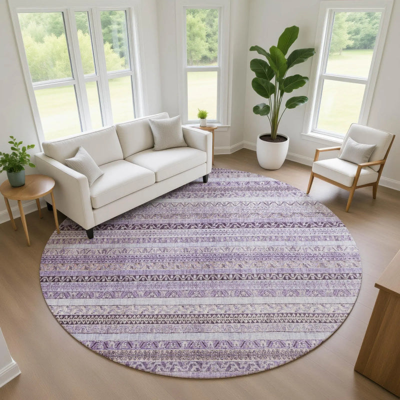 8' Lavender And Purple Round Striped Washable Indoor Outdoor Area Rug Homeroots Outdoor