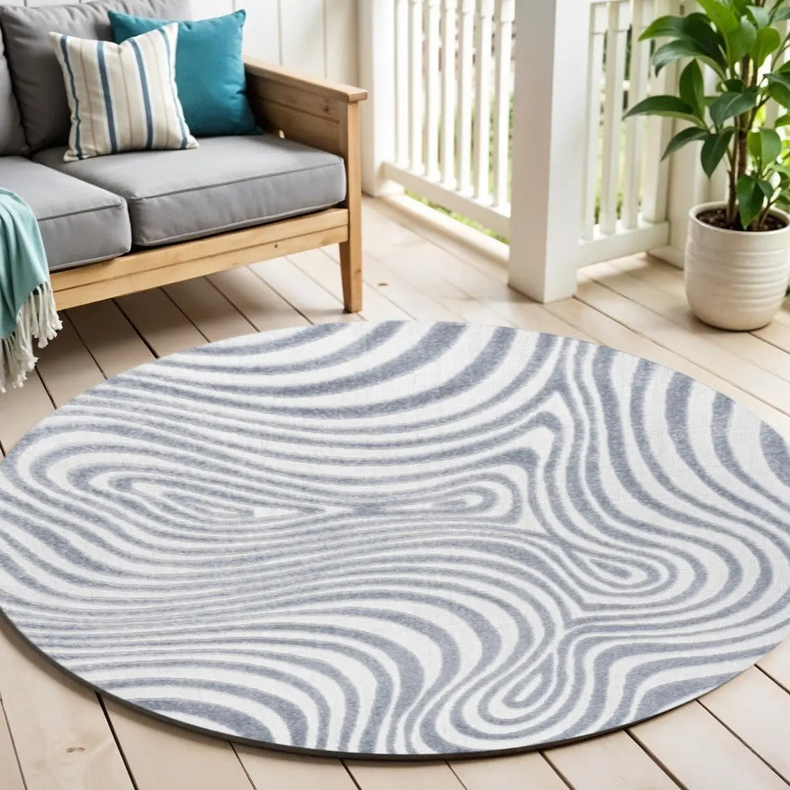 8' Light Blue And Ivory Round Abstract Indoor Outdoor Area Rug Homeroots Outdoor