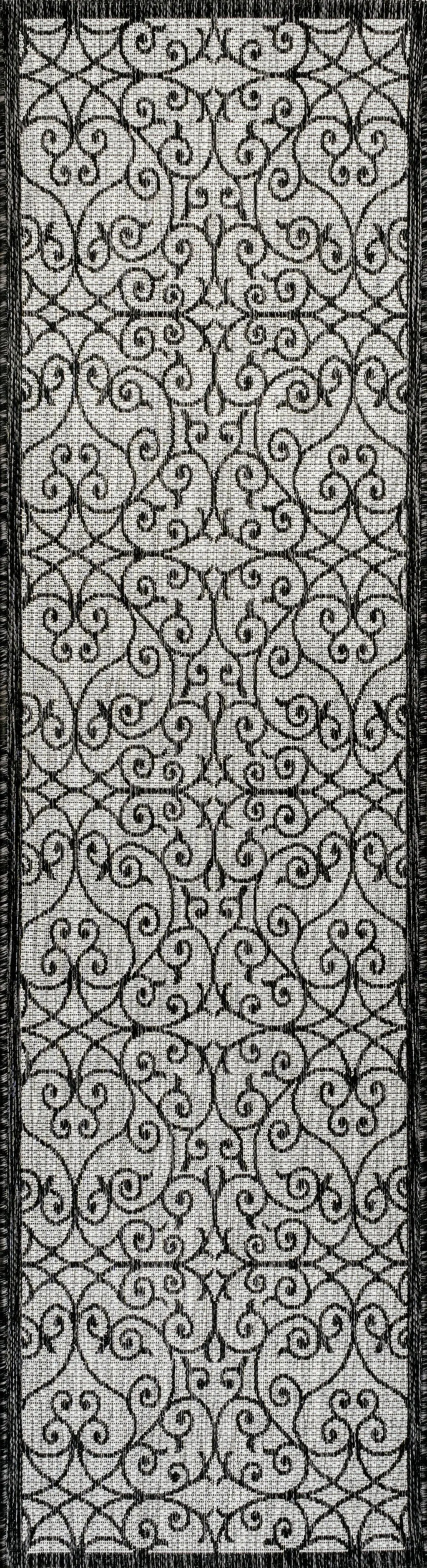 8' Light Gray And Black Geometric Indoor Outdoor Runner Rug Homeroots Outdoor