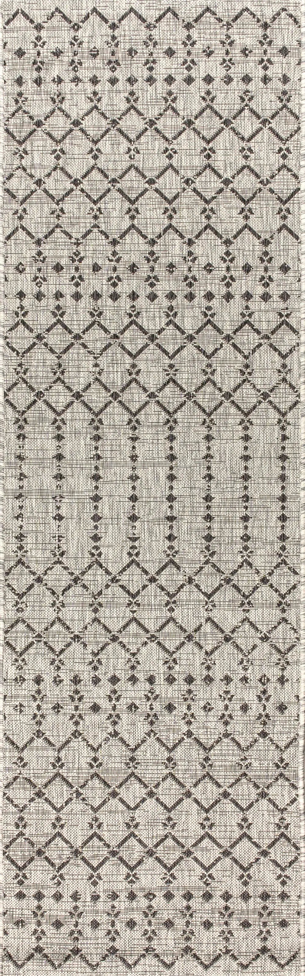 8' Light Gray And Black Trellis Indoor Outdoor Runner Rug Homeroots Outdoor