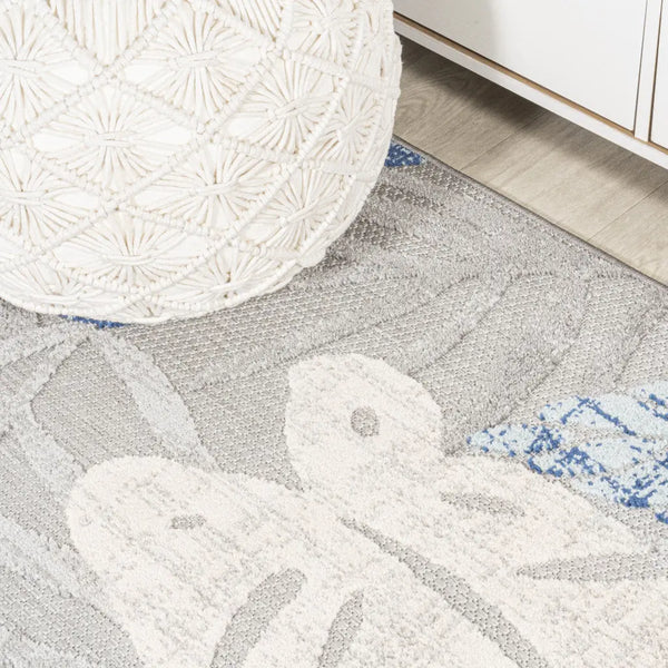 8' Light Gray And Navy Blue Floral Indoor Outdoor Runner Rug Homeroots Outdoor