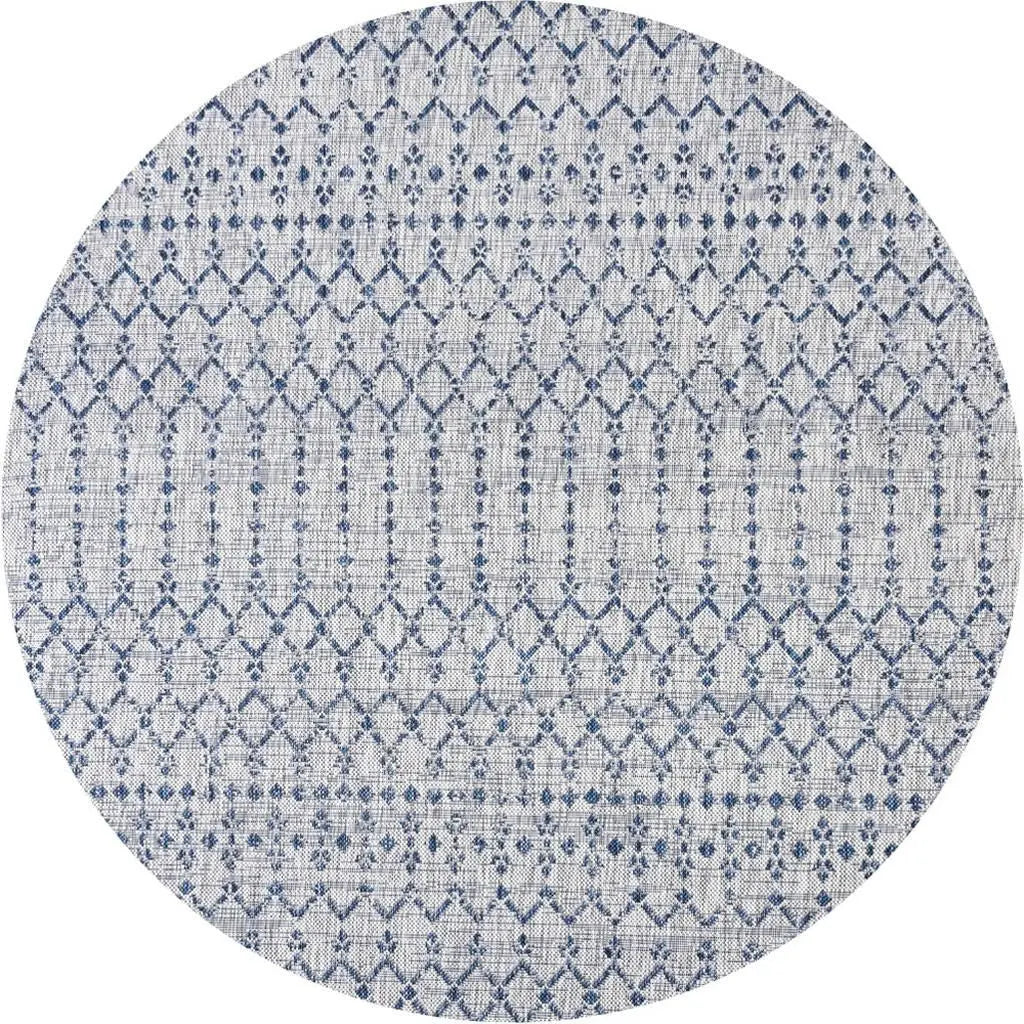 8' Light Gray And Navy Blue Round Trellis Indoor Outdoor Area Rug - GreatEagleInc