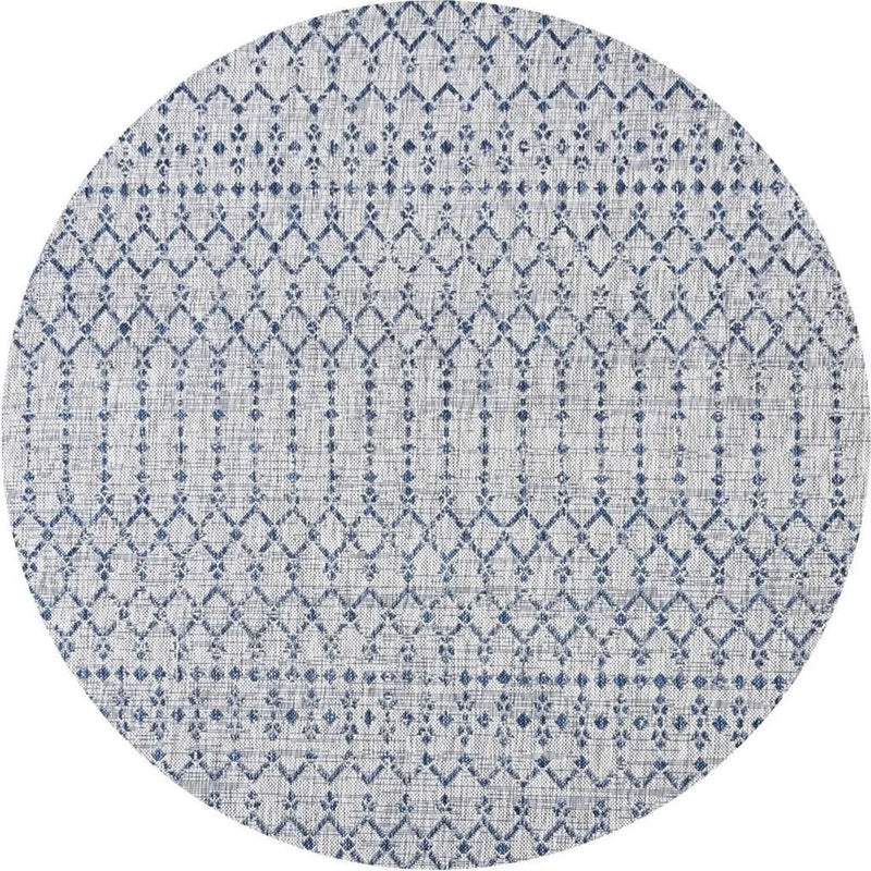 8' Light Gray And Navy Blue Round Trellis Indoor Outdoor Area Rug - GreatEagleInc