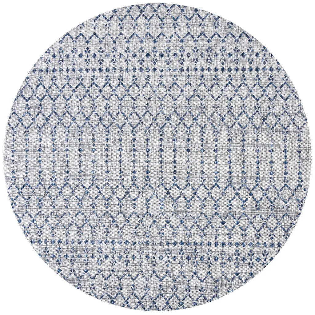 8' Light Gray And Navy Blue Round Trellis Indoor Outdoor Area Rug - GreatEagleInc