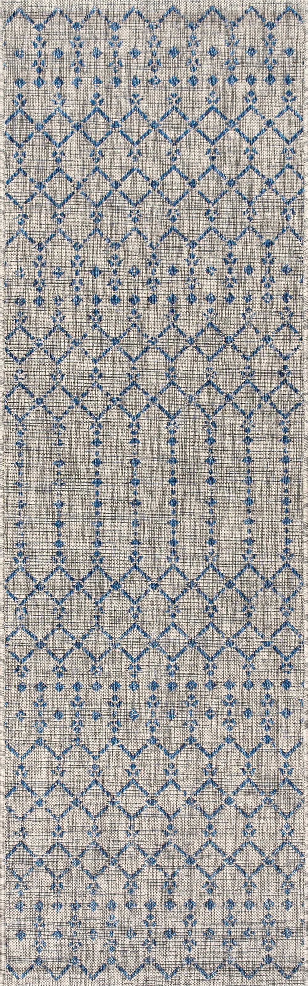 8' Light Gray And Navy Blue Trellis Indoor Outdoor Runner Rug Homeroots Outdoor