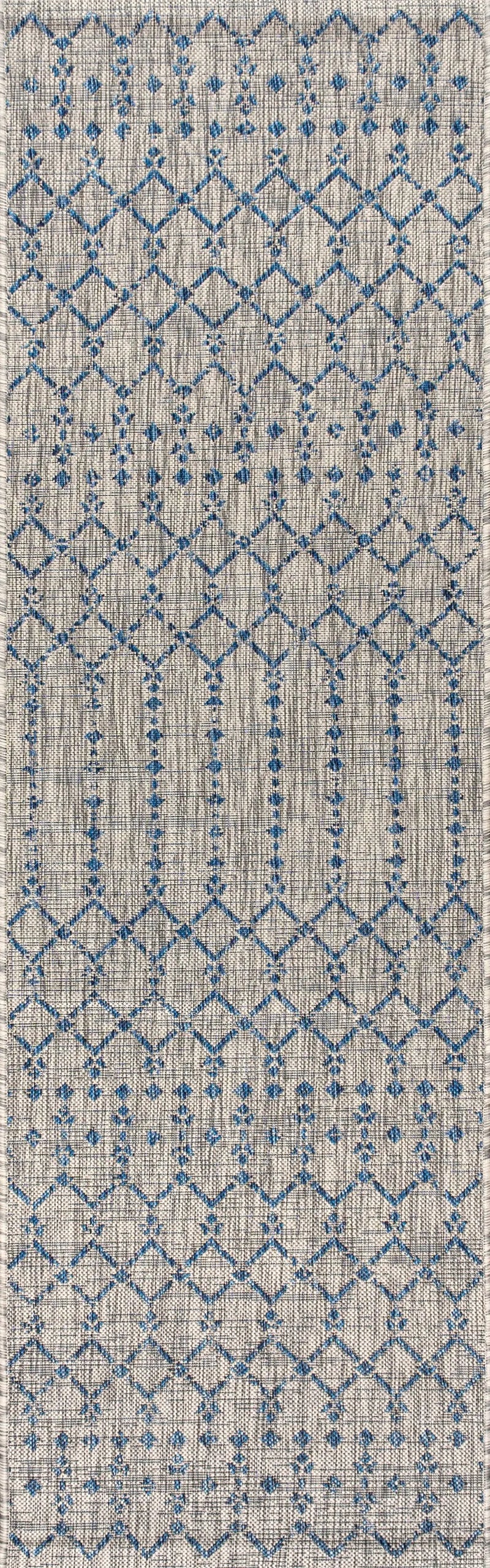 8' Light Gray And Navy Blue Trellis Indoor Outdoor Runner Rug Homeroots Outdoor