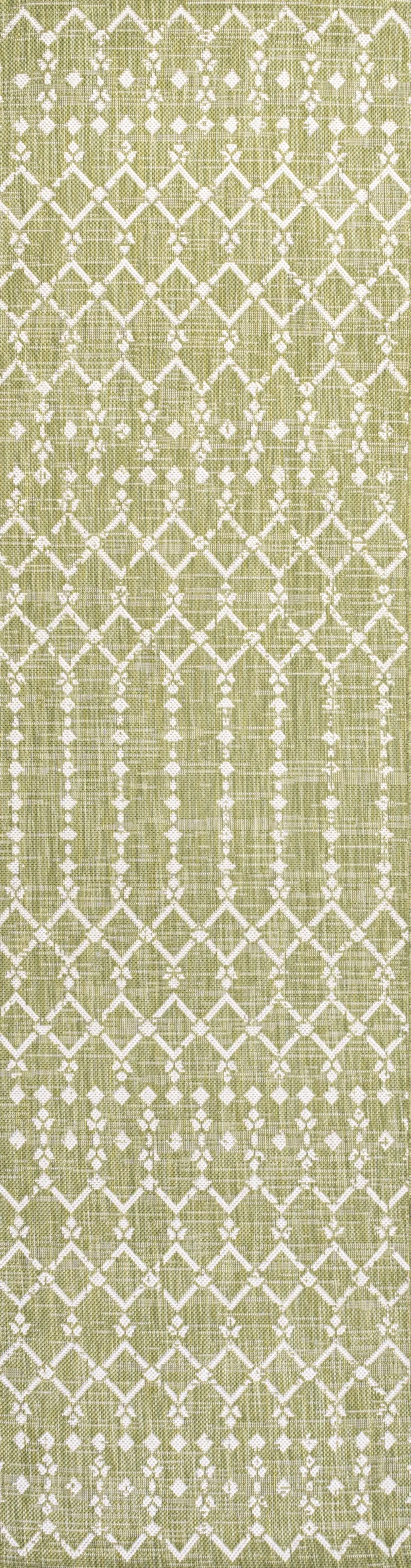 8' Light Green And Cream Trellis Indoor Outdoor Runner Rug Homeroots Outdoor