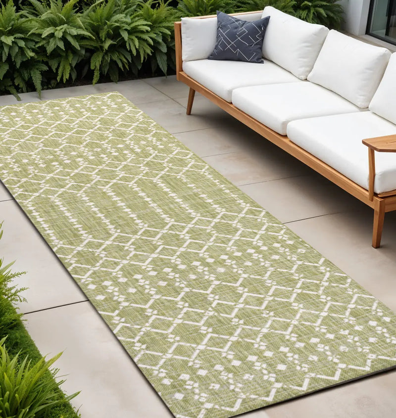 8' Light Green And Cream Trellis Indoor Outdoor Runner Rug Homeroots Outdoor