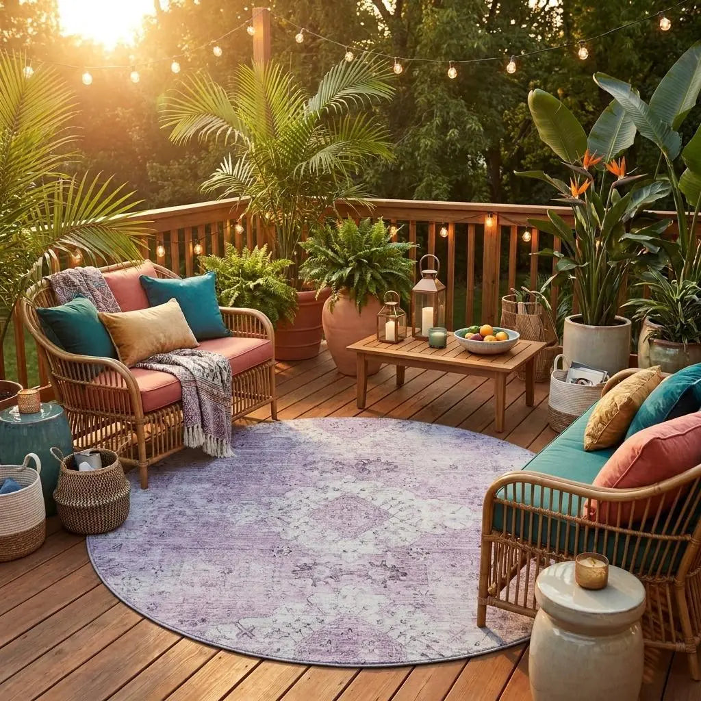 8' Lilac And Purple Round Oriental Washable Indoor Outdoor Area Rug Homeroots Outdoor
