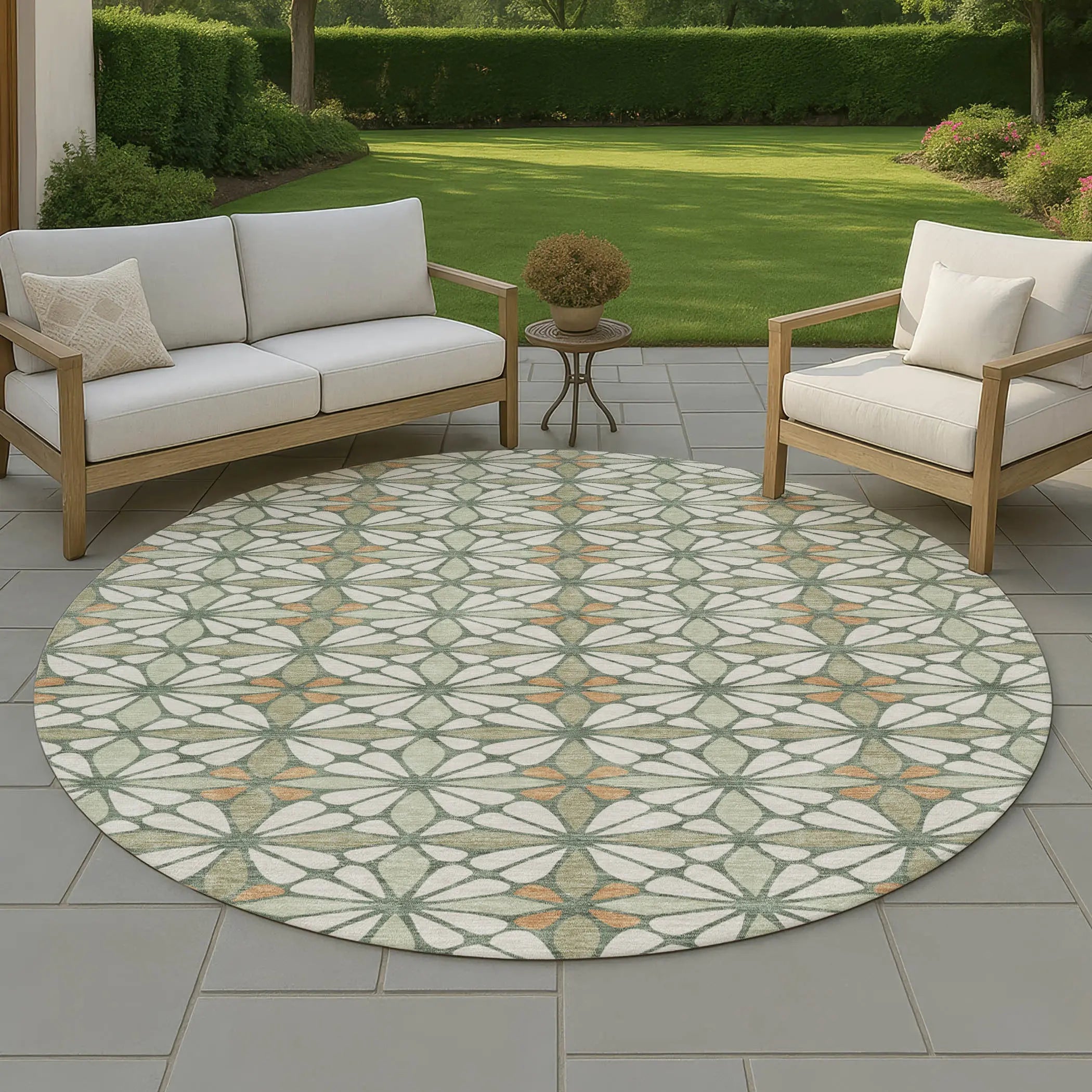8' Linen And Beige Round Geometric Washable Indoor Outdoor Area Rug Homeroots Outdoor