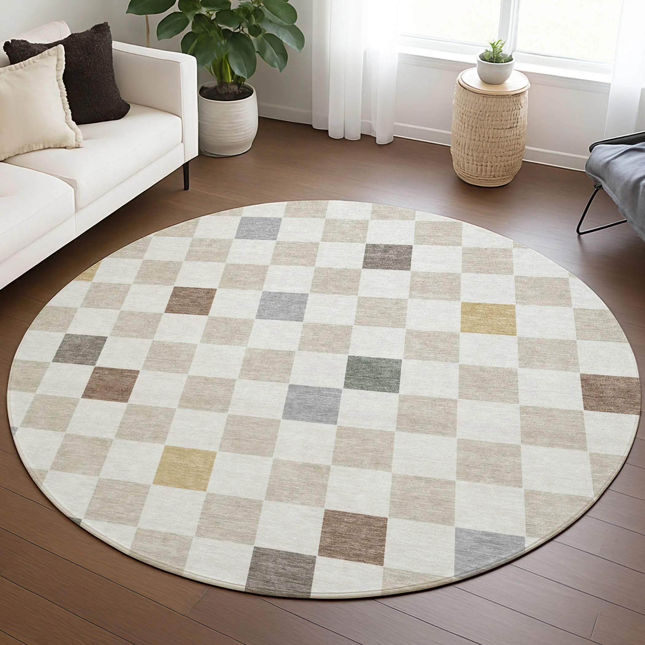 8' Linen And Black Round Geometric Washable Indoor Outdoor Area Rug Homeroots Outdoor