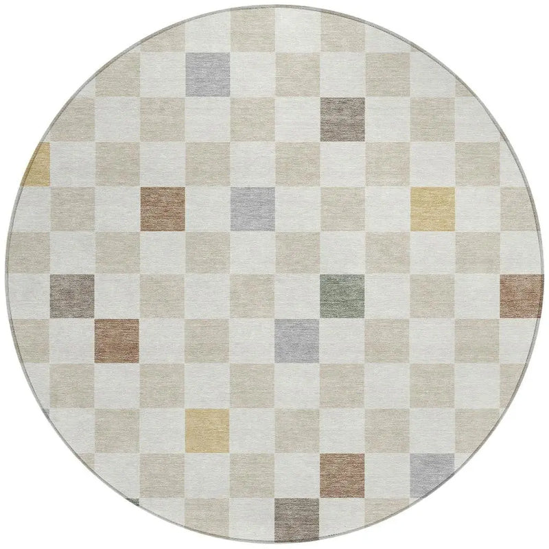 8' Linen And Black Round Geometric Washable Indoor Outdoor Area Rug Homeroots Outdoor