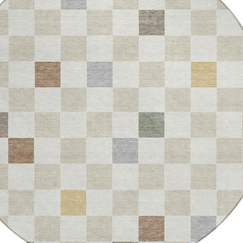 8' Linen And Black Round Geometric Washable Indoor Outdoor Area Rug Homeroots Outdoor
