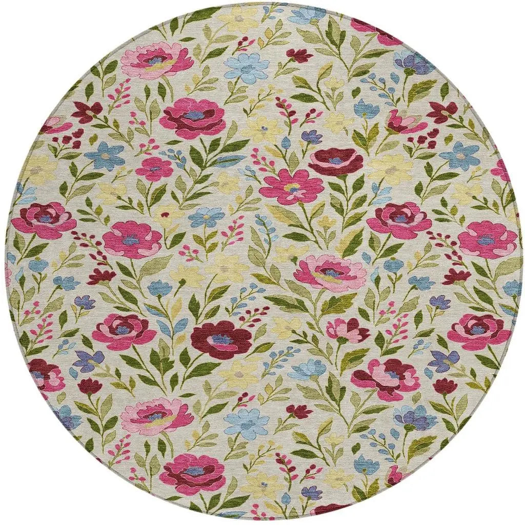 8' Linen And Blush Round Floral Washable Indoor Outdoor Area Rug Homeroots Outdoor