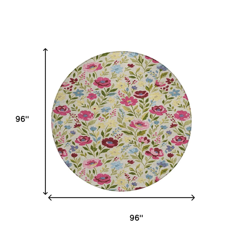 8' Linen And Blush Round Floral Washable Indoor Outdoor Area Rug Homeroots Outdoor