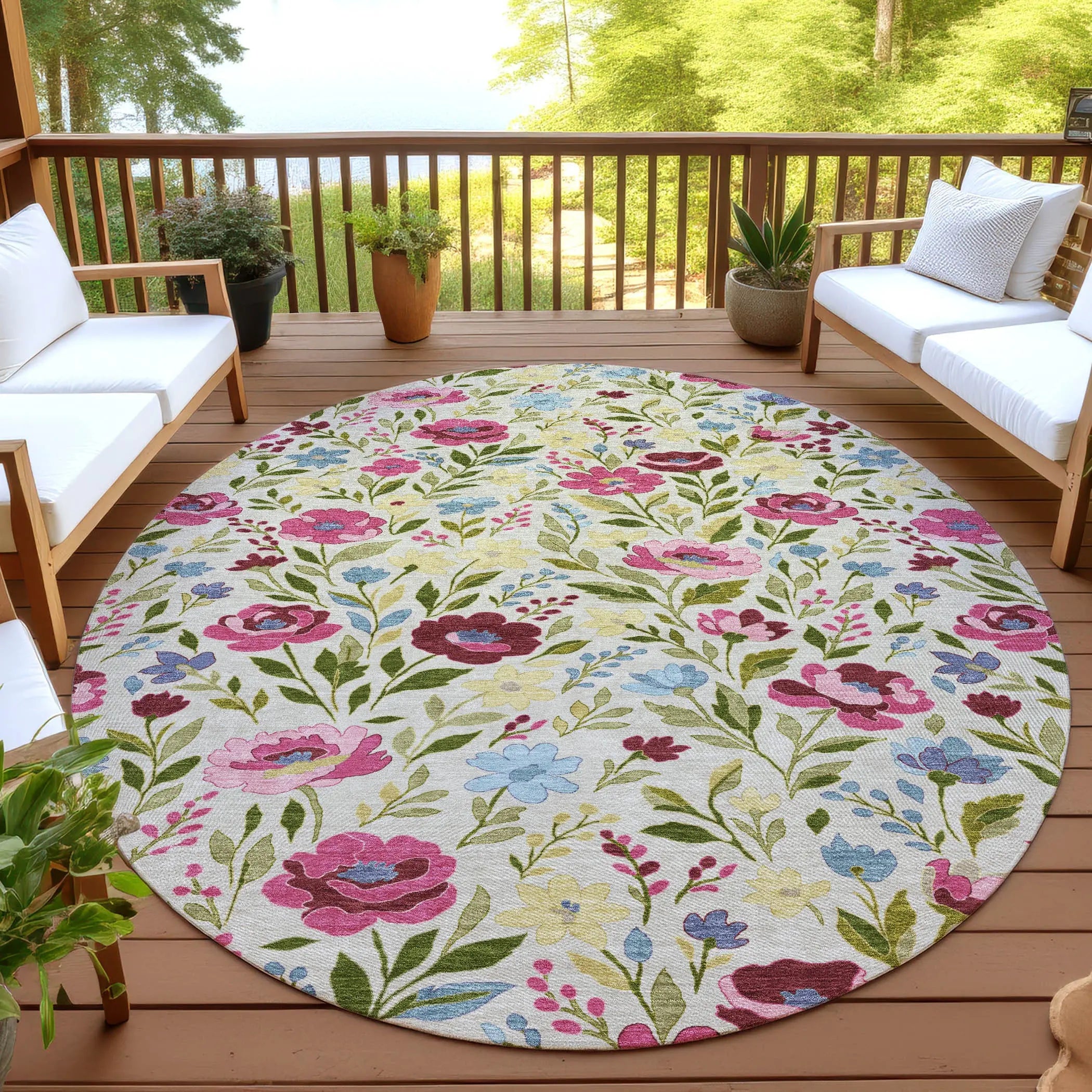 8' Linen And Blush Round Floral Washable Indoor Outdoor Area Rug Homeroots Outdoor