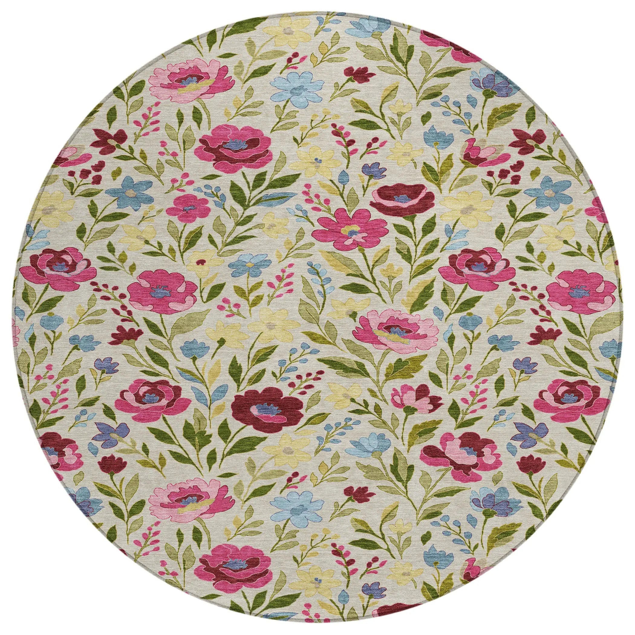 8' Linen And Blush Round Floral Washable Indoor Outdoor Area Rug Homeroots Outdoor