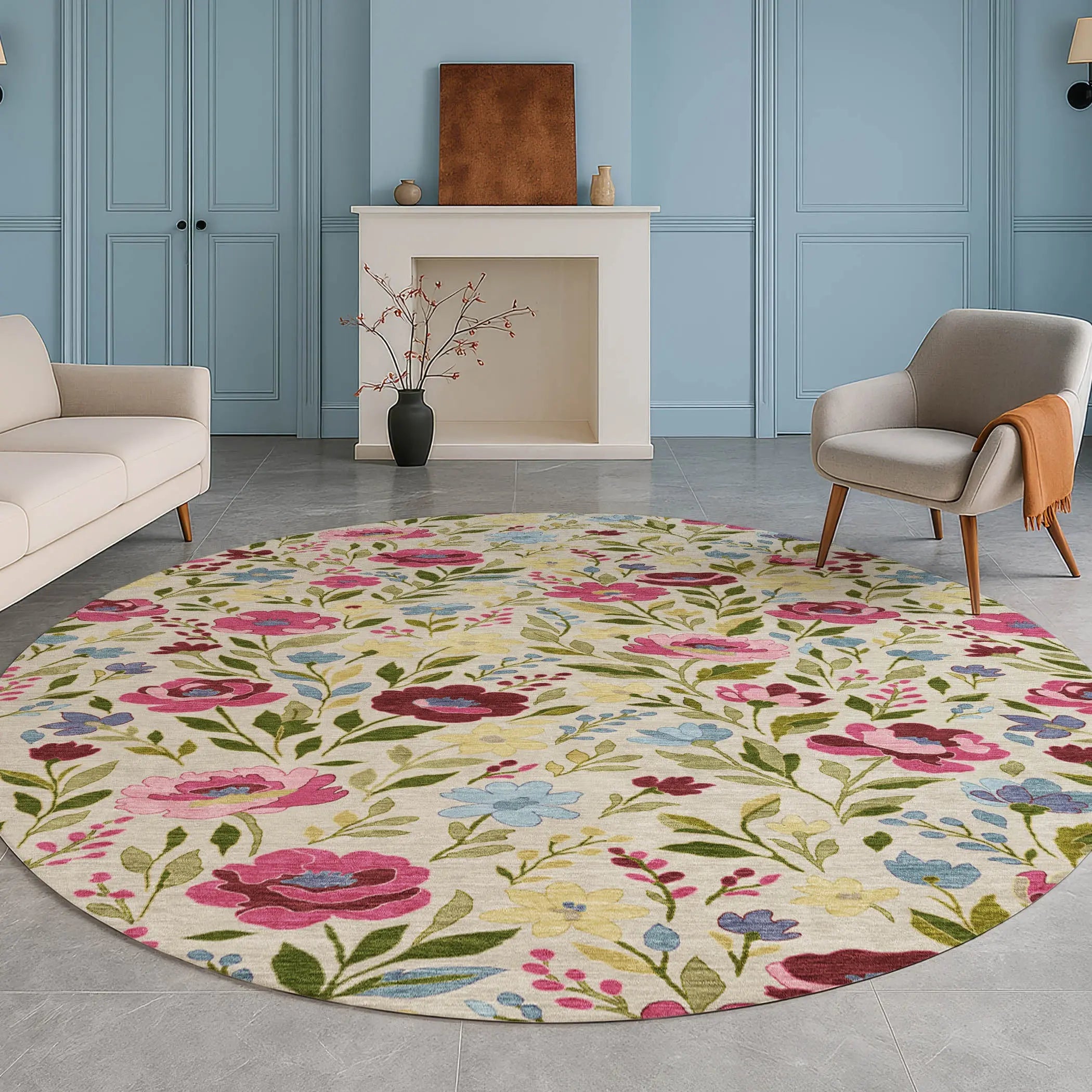 8' Linen And Blush Round Floral Washable Indoor Outdoor Area Rug Homeroots Outdoor
