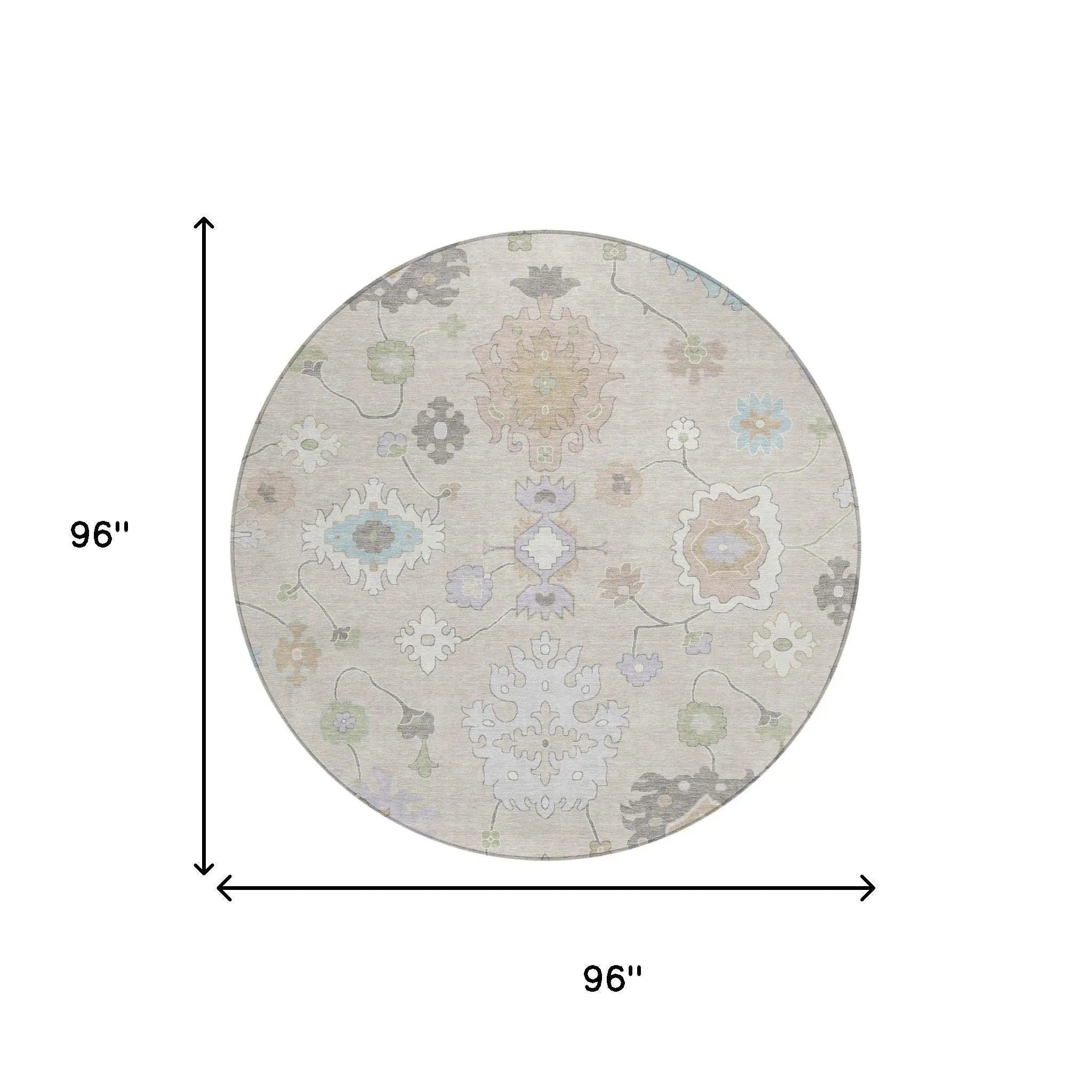 8' Linen And Fern Green Round Oriental Washable Indoor Outdoor Area Rug Homeroots Outdoor