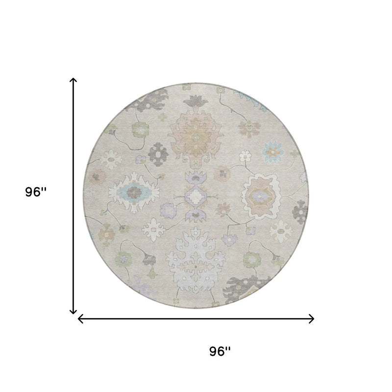 8' Linen And Fern Green Round Oriental Washable Indoor Outdoor Area Rug Homeroots Outdoor