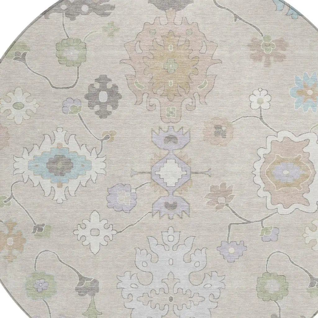 8' Linen And Fern Green Round Oriental Washable Indoor Outdoor Area Rug Homeroots Outdoor