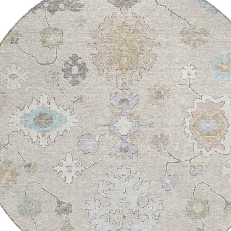8' Linen And Fern Green Round Oriental Washable Indoor Outdoor Area Rug Homeroots Outdoor