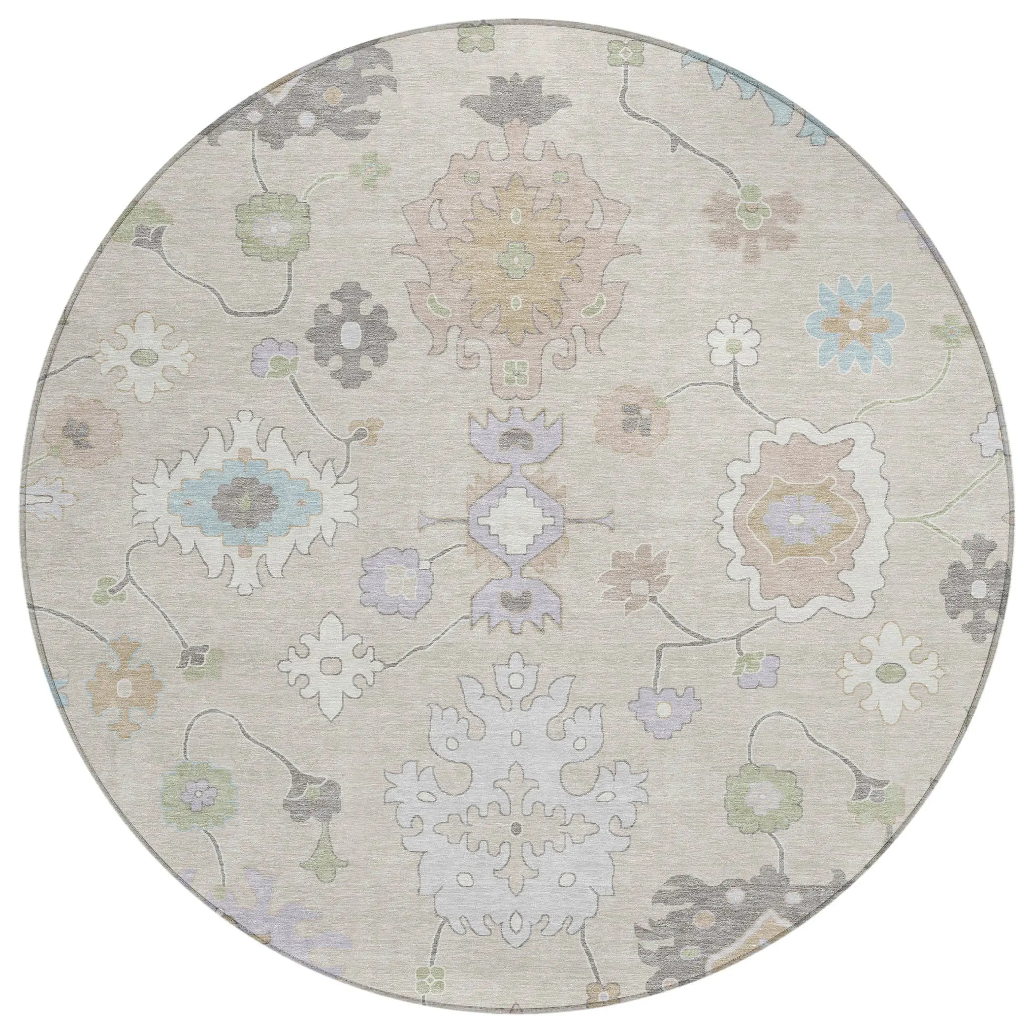 8' Linen And Fern Green Round Oriental Washable Indoor Outdoor Area Rug Homeroots Outdoor