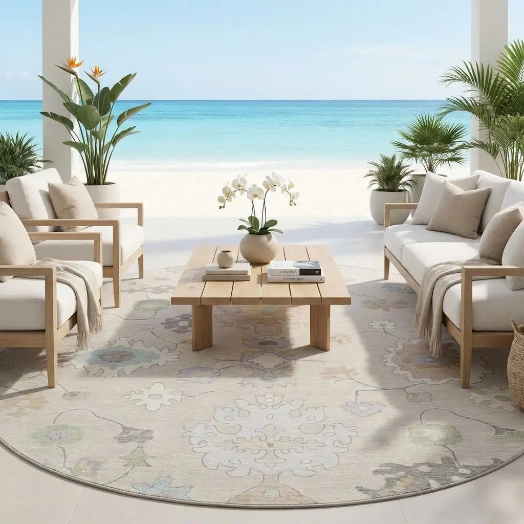8' Linen And Fern Green Round Oriental Washable Indoor Outdoor Area Rug Homeroots Outdoor