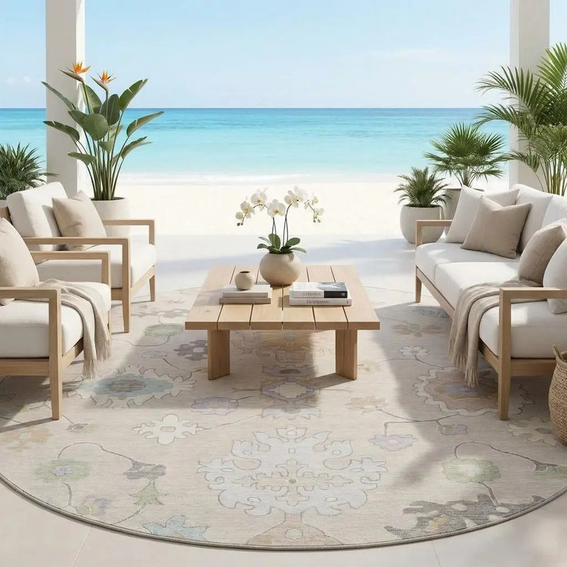 8' Linen And Fern Green Round Oriental Washable Indoor Outdoor Area Rug Homeroots Outdoor
