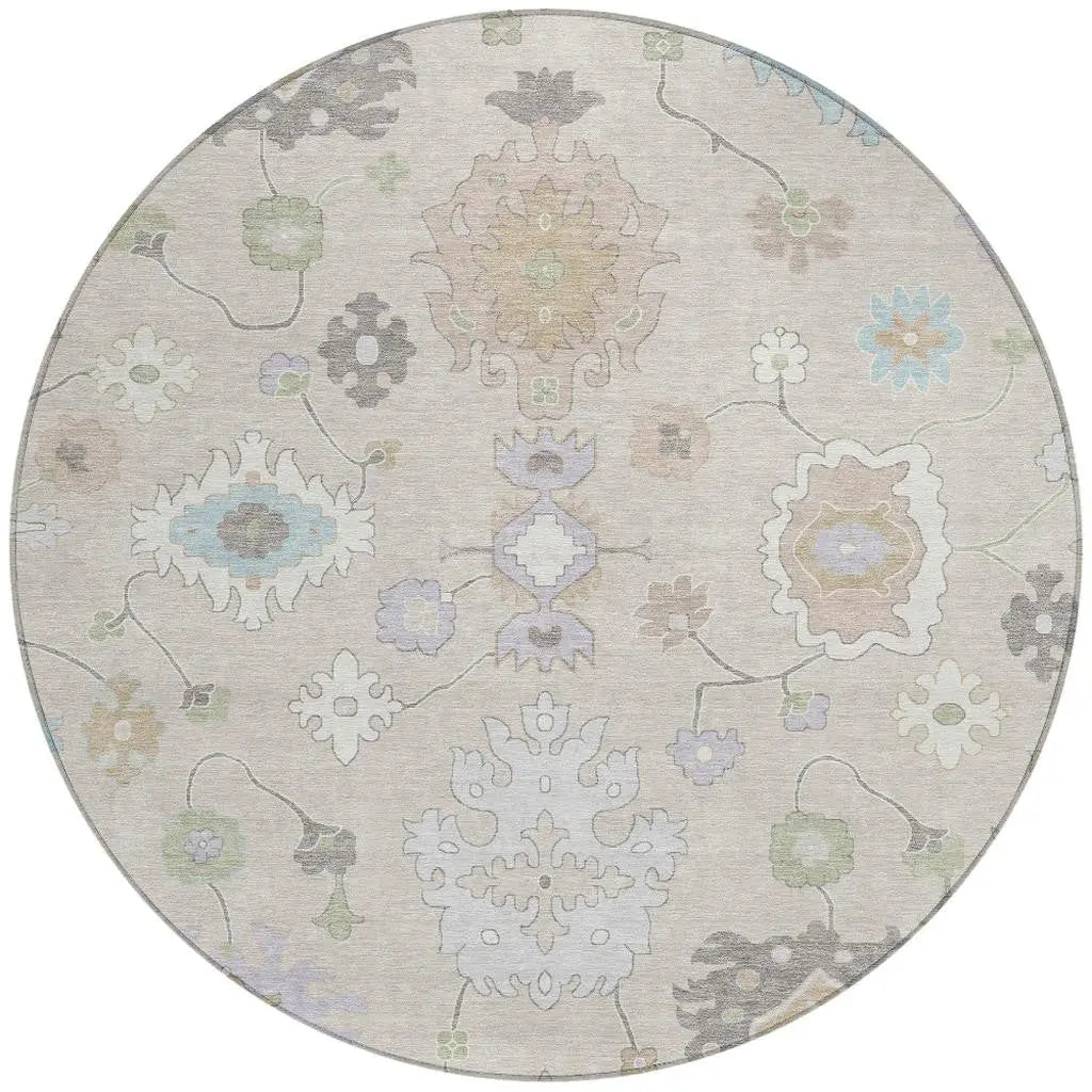 8' Linen And Fern Green Round Oriental Washable Indoor Outdoor Area Rug Homeroots Outdoor