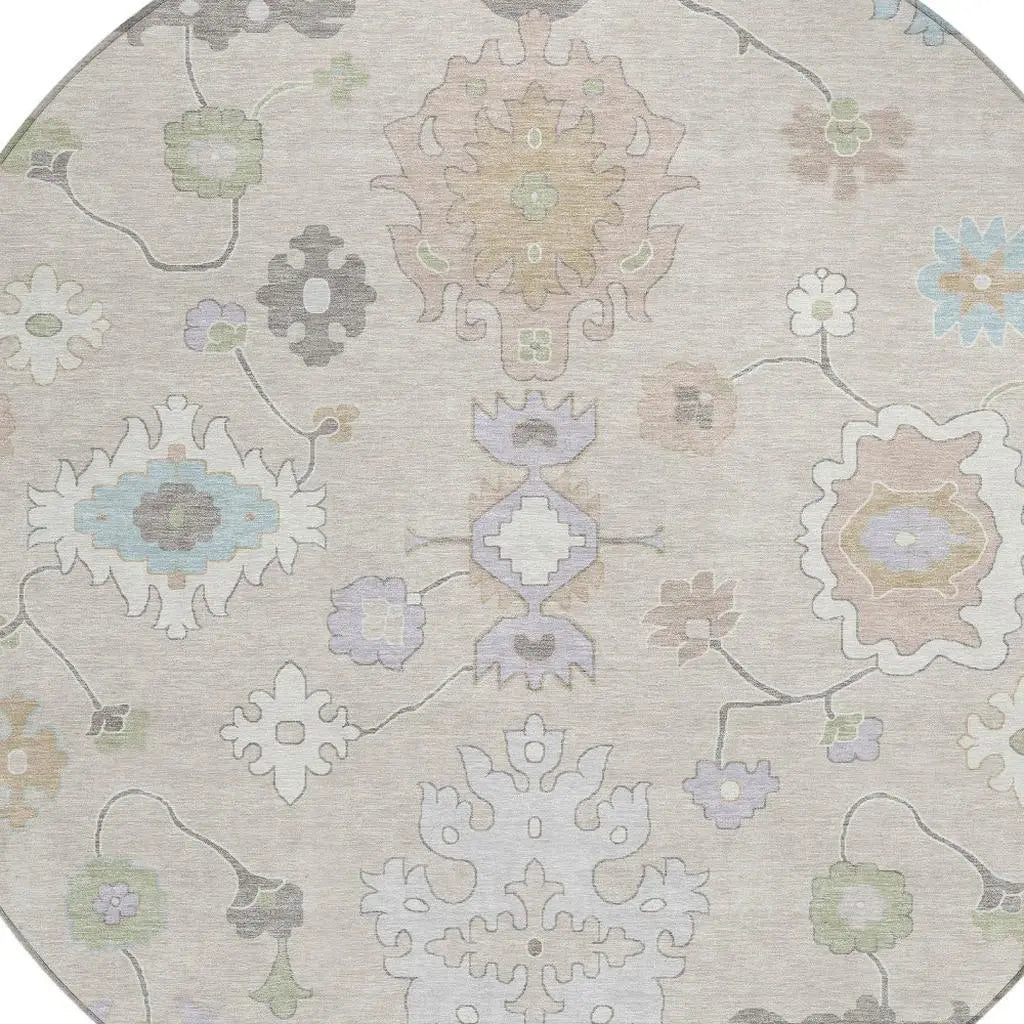 8' Linen And Fern Green Round Oriental Washable Indoor Outdoor Area Rug Homeroots Outdoor