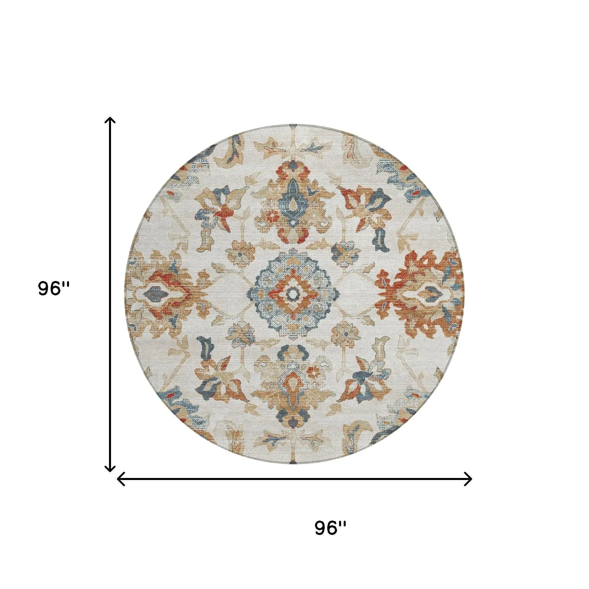 8' Linen And Ivory Round Floral Medallion Washable Indoor Outdoor Area Rug Homeroots Outdoor