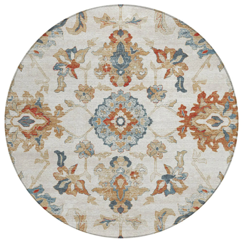 8' Linen And Ivory Round Floral Medallion Washable Indoor Outdoor Area Rug Homeroots Outdoor