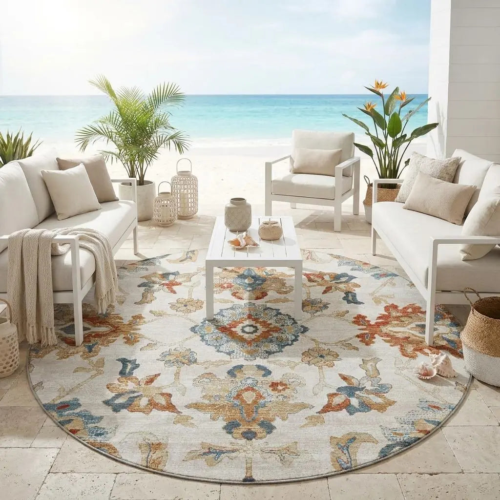 8' Linen And Ivory Round Floral Medallion Washable Indoor Outdoor Area Rug Homeroots Outdoor
