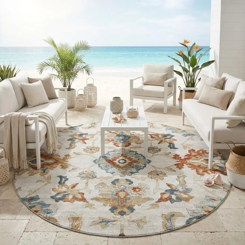 8' Linen And Ivory Round Floral Medallion Washable Indoor Outdoor Area Rug Homeroots Outdoor