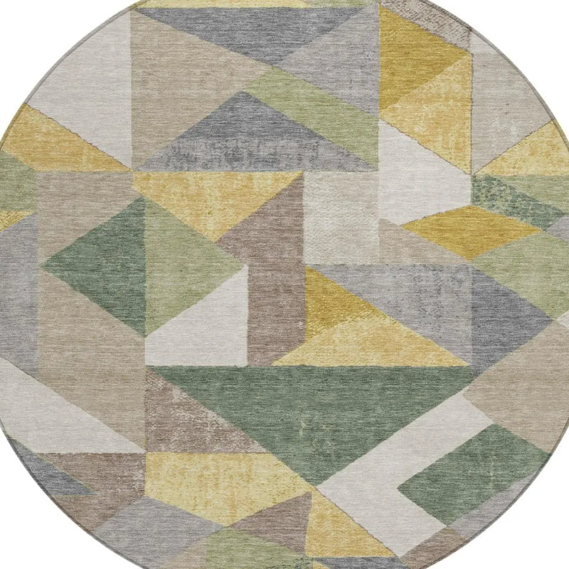 8' Linen And Ivory Round Geometric Washable Indoor Outdoor Area Rug Homeroots Outdoor