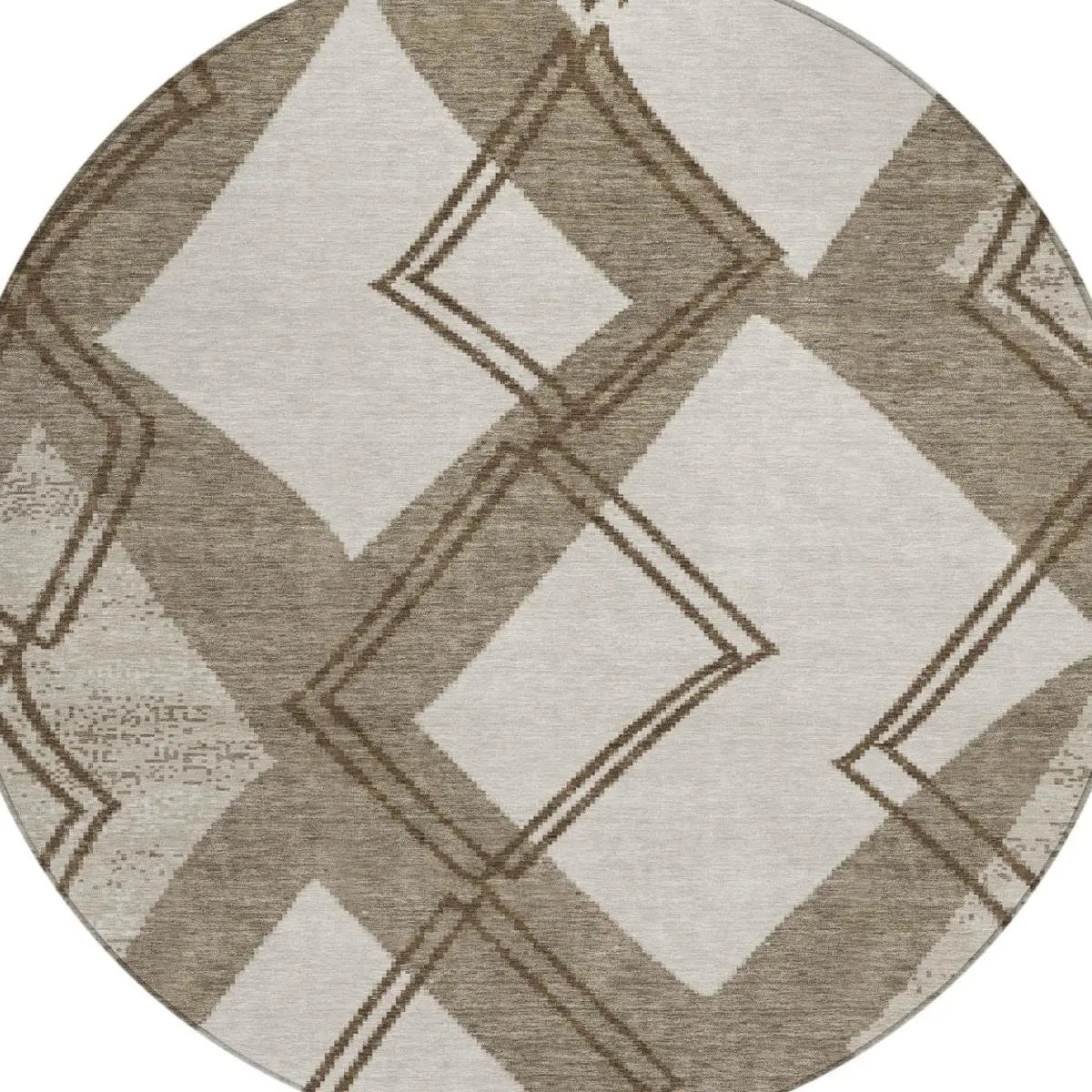8' Linen And Ivory Round Geometric Washable Indoor Outdoor Area Rug Homeroots Outdoor