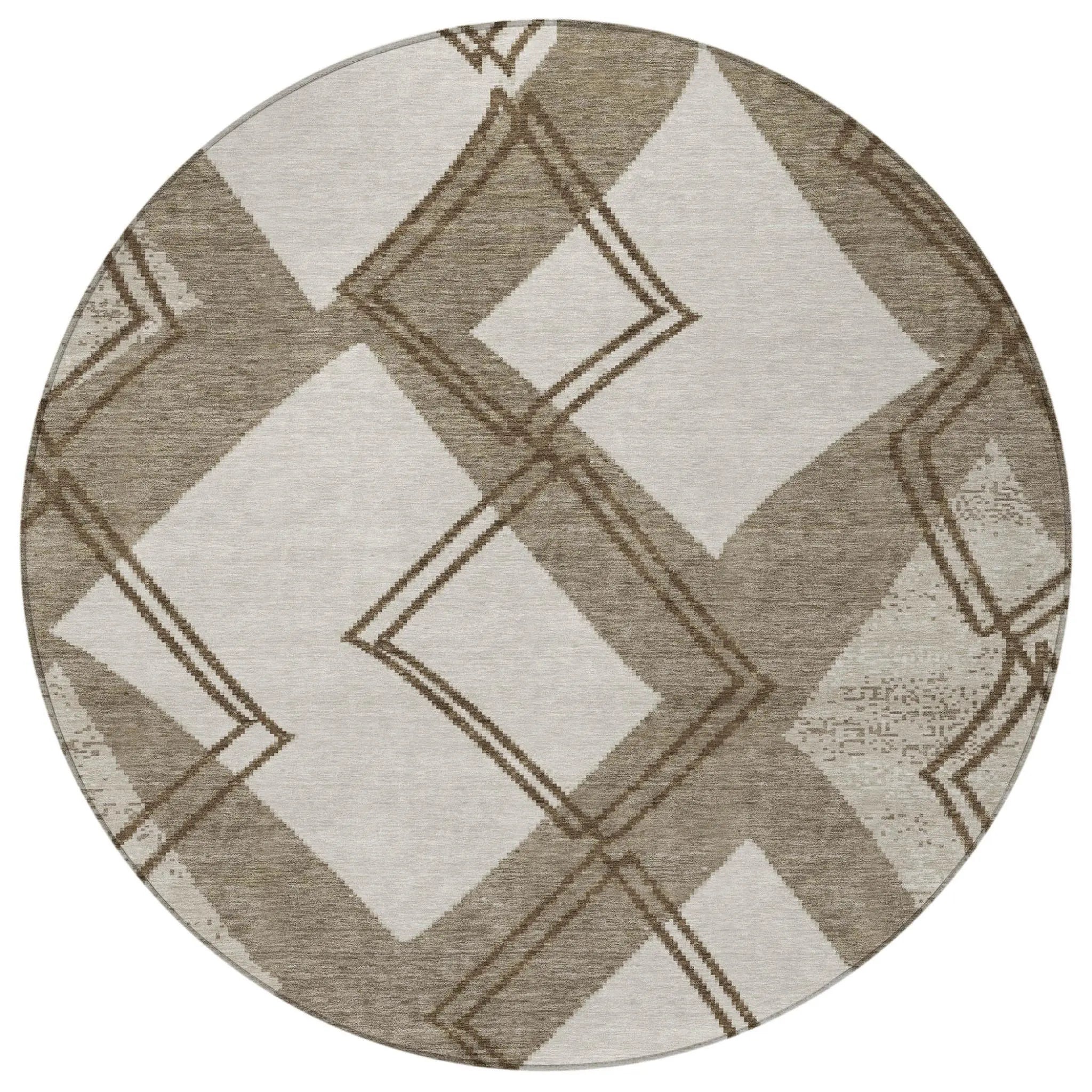 8' Linen And Ivory Round Geometric Washable Indoor Outdoor Area Rug Homeroots Outdoor